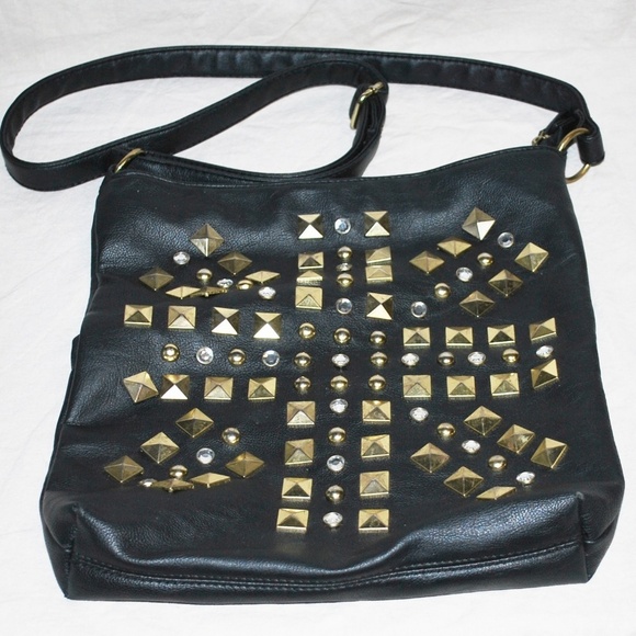 Unknown Handbags - Black Leather Rhinestone Crossbody Bag